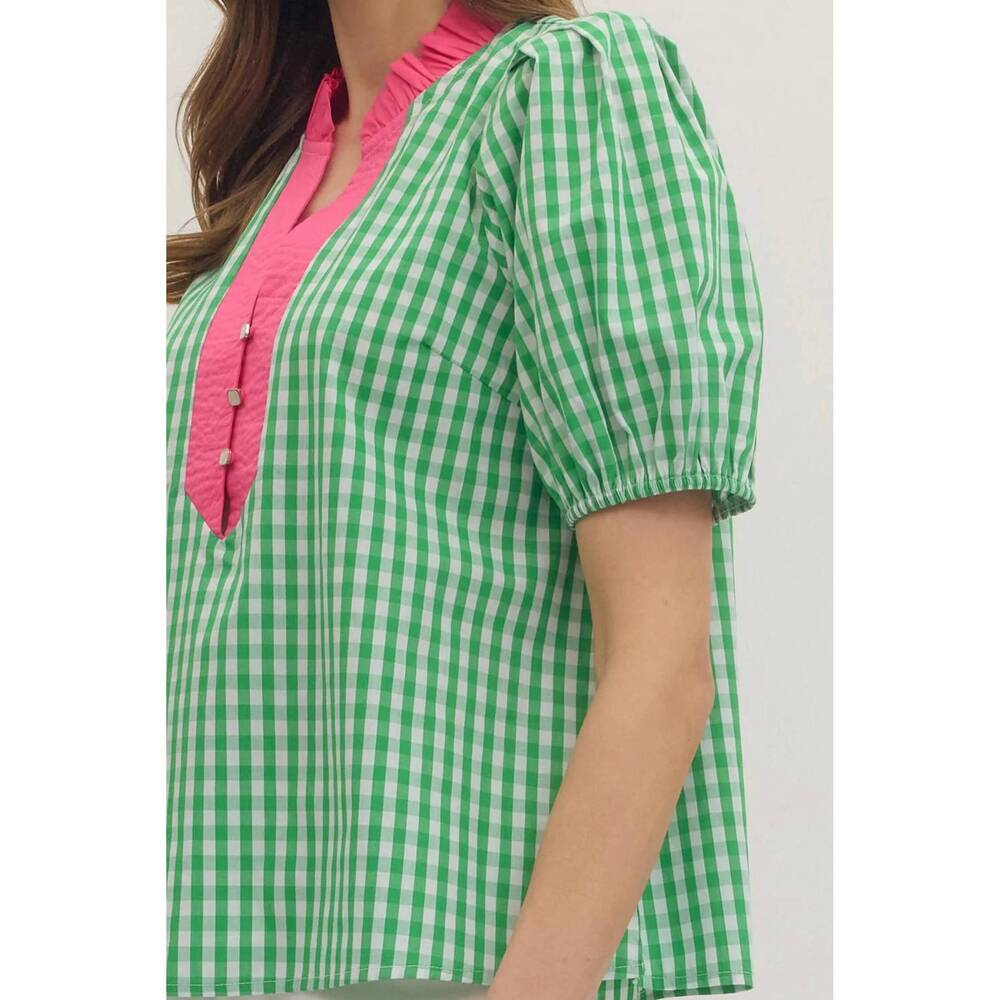 NEW ENTRO glinda gingham blouse in bright green - Picture 6 of 7